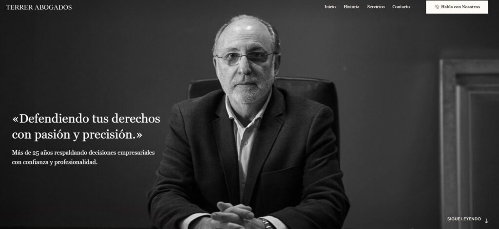 Página principal del sitio web de Terrer Abogados, ejemplo de diseño web para abogados con enfoque comercial.