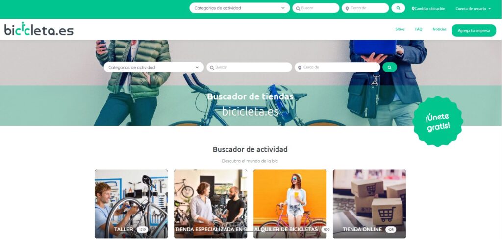 Interfaz de un buscador de tiendas de bicicletas online, ejemplo ideal para un diseño web para tiendas de bicicletas moderno, intuitivo y enfocado en la experiencia del usuario.