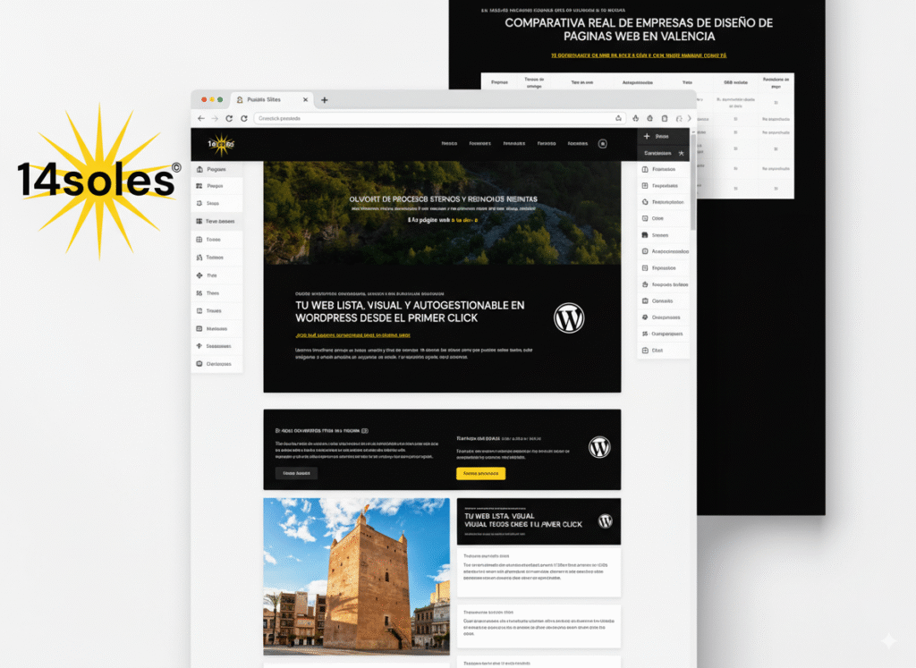 Vista comparativa entre crear una página web con Google y una solución profesional autogestionable en WordPress diseñada por 14soles.