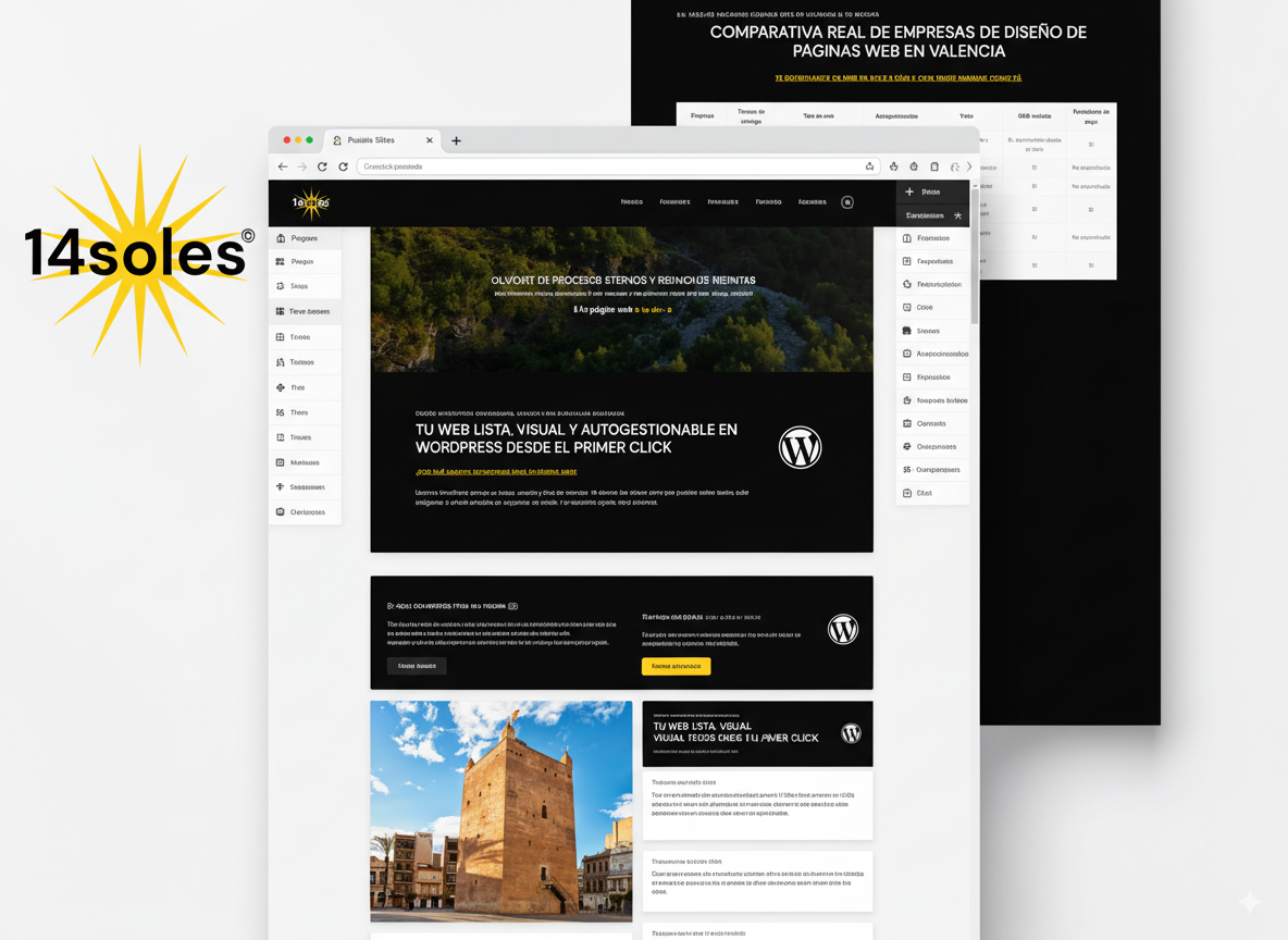 Vista comparativa entre crear una página web con Google y una solución profesional autogestionable en WordPress diseñada por 14soles.