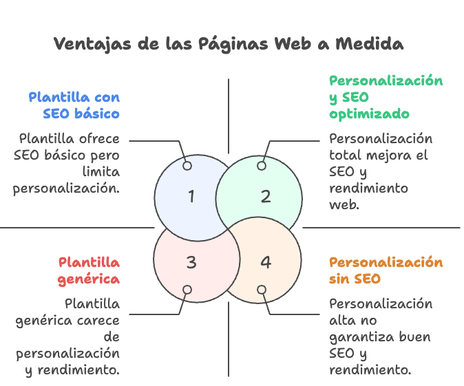 Gráfico comparativo de las ventajas de tener una página web a medida con SEO optimizado frente a opciones con plantillas básicas o sin estrategia