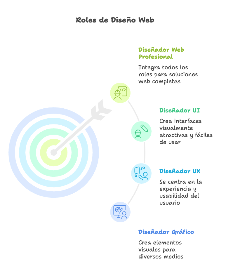 Infografía que muestra los distintos tipos de diseñadores web: gráfico, UX, UI y profesional