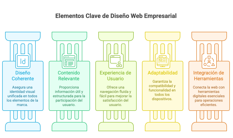 Elementos clave del diseño web empresarial: diseño coherente, contenido relevante, experiencia de usuario, adaptabilidad e integración de herramientas digitales.