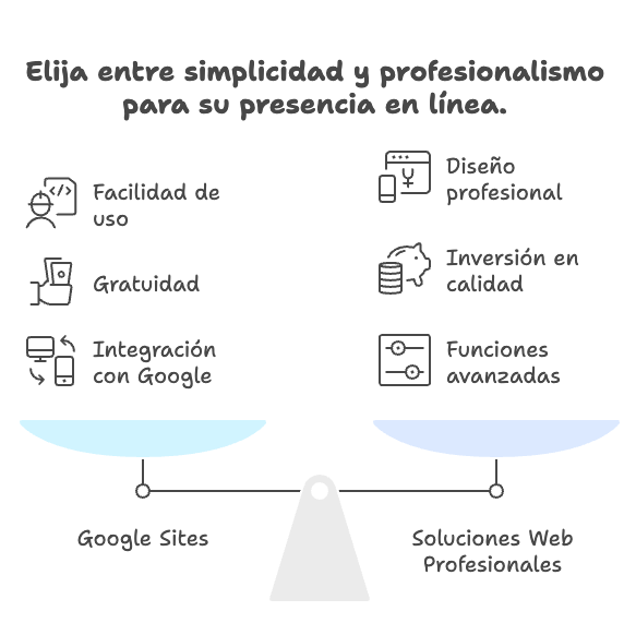 Comparativa visual entre crear página web con Google Sites y soluciones web profesionales, destacando facilidad, diseño, integración y funcionalidades.