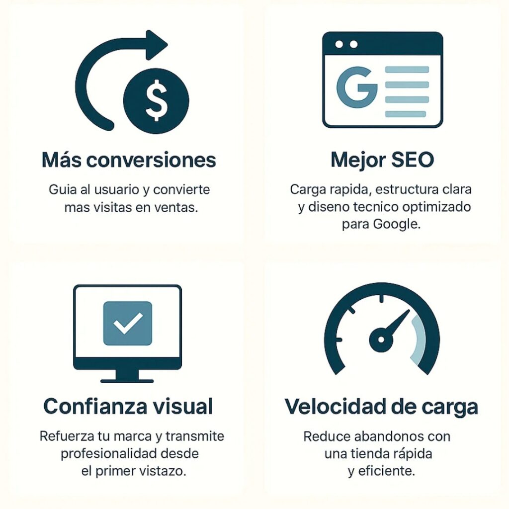 Beneficios clave de un diseño web tienda online: conversiones, SEO, confianza visual y velocidad.