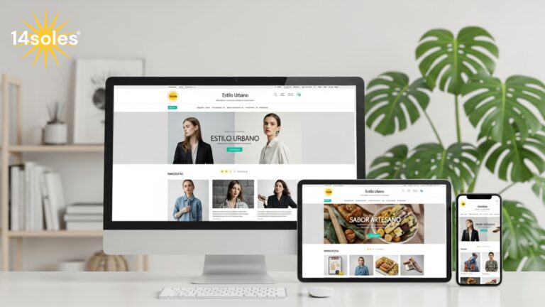 Diseño web para tiendas online en diferentes dispositivos por 14soles®, ejemplo visual de tienda optimizada para moda y alimentación.