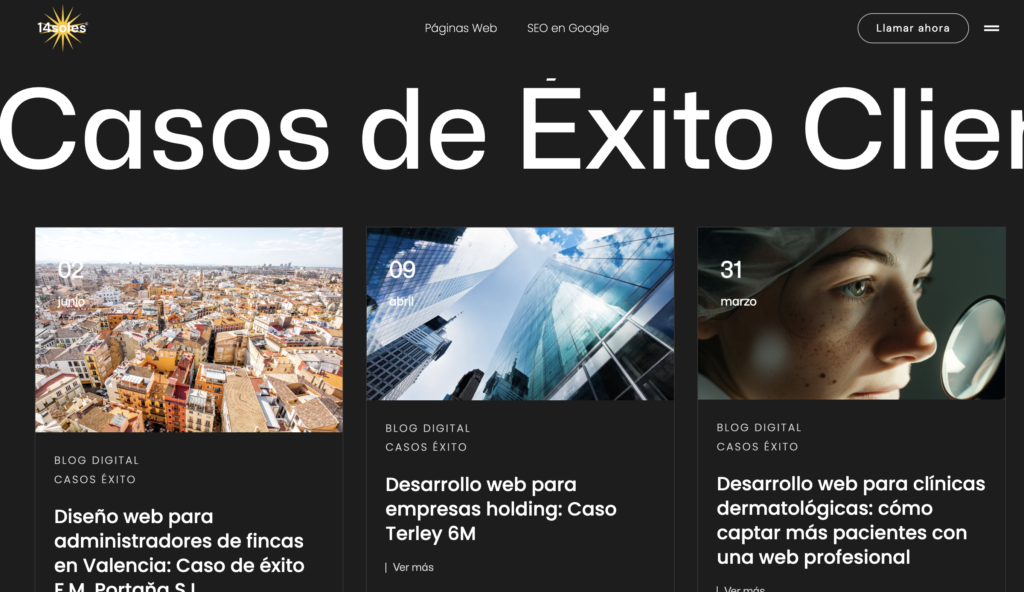 Página web minimalista de casos de éxito con diseño claro y profesional para empresas