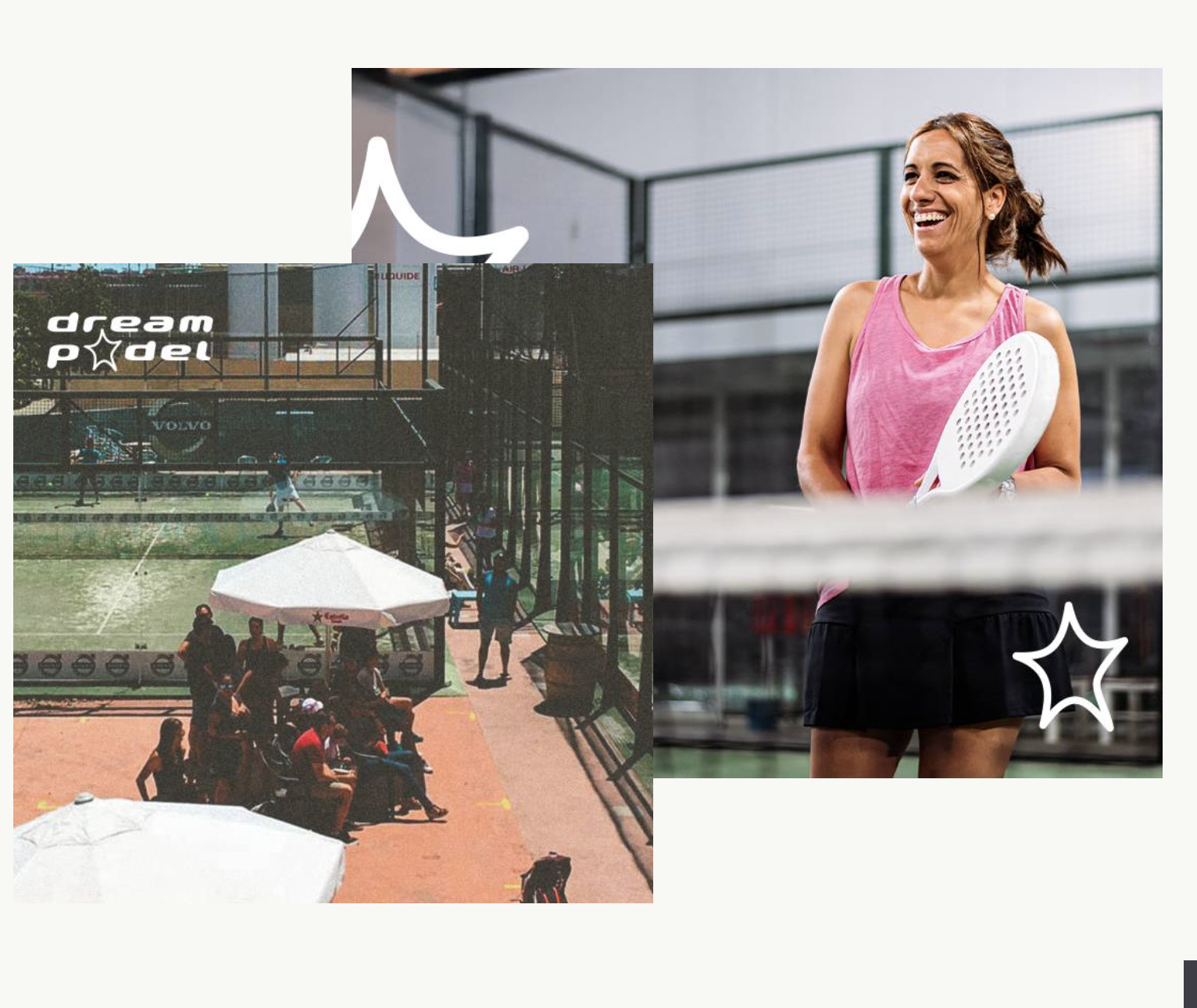 Jugadora de pádel sonriendo con pala en pista de Dream Padel y vista de cancha desde el exterior
