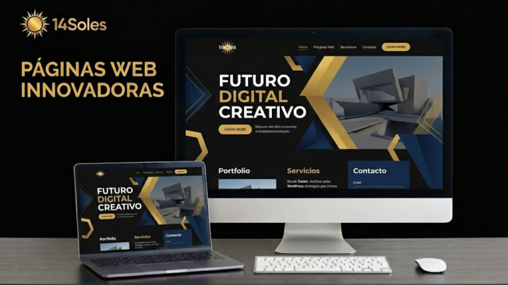 Ejemplo de páginas web innovadoras mostradas en pantalla y portátil con diseño digital moderno
