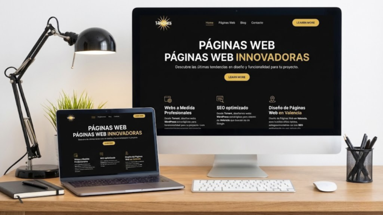 Pantalla y portátil mostrando diseño de páginas web innovadoras sobre escritorio moderno