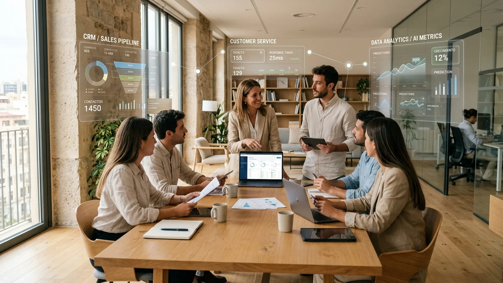 Composición ilustrativa de un equipo reunido alrededor de una mesa con paneles gráficos superpuestos