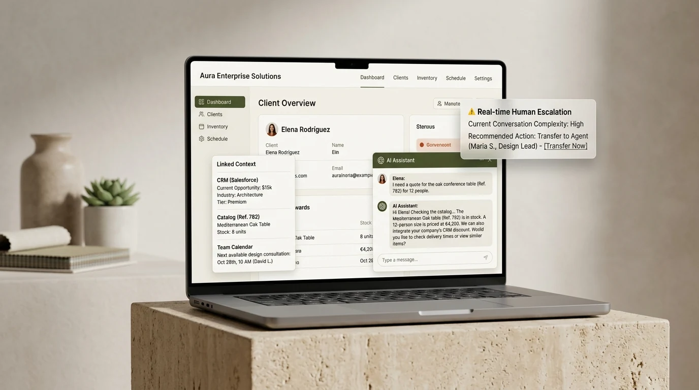 Página web con agente de inteligencia artificial conectado a sistemas empresariales