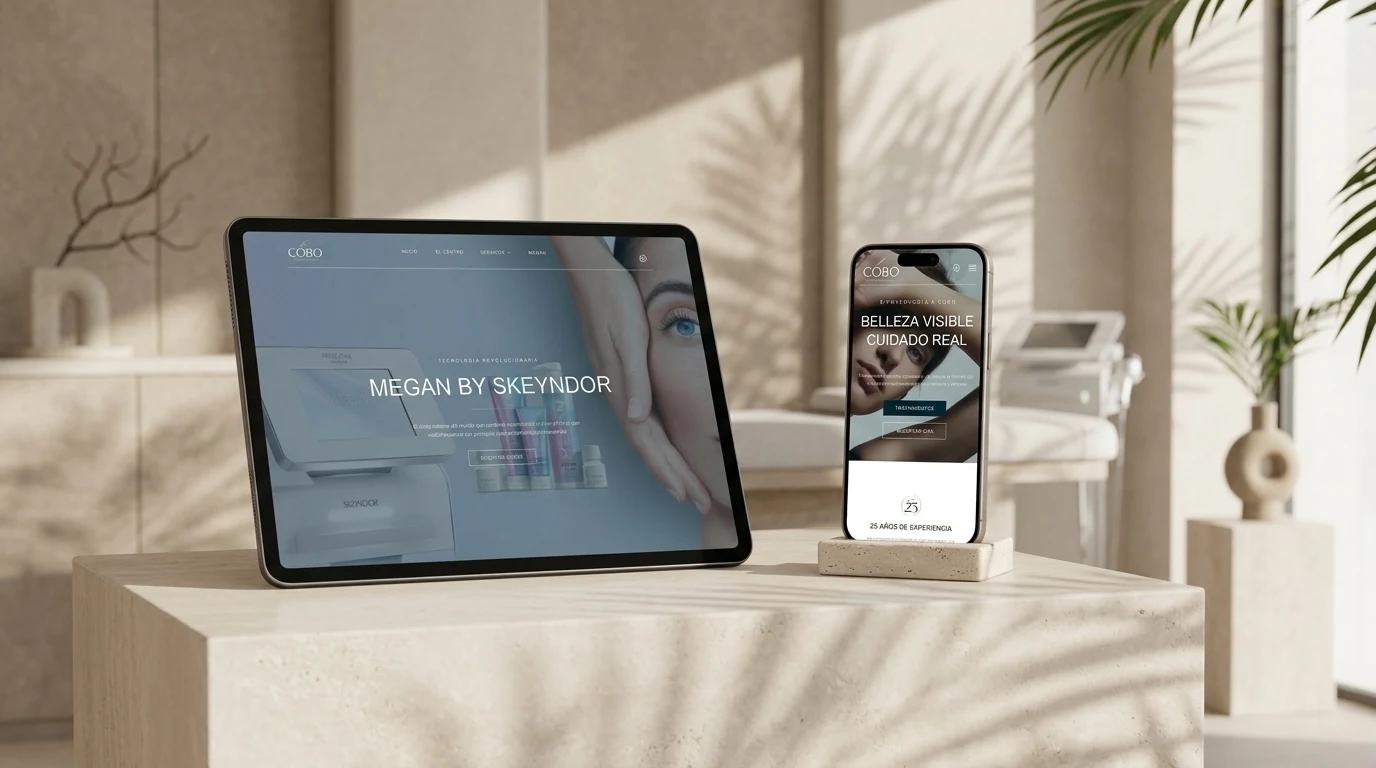 Mockup multidispositivo iPad y iPhone de diseño web estética avanzada Cobo en Torrent