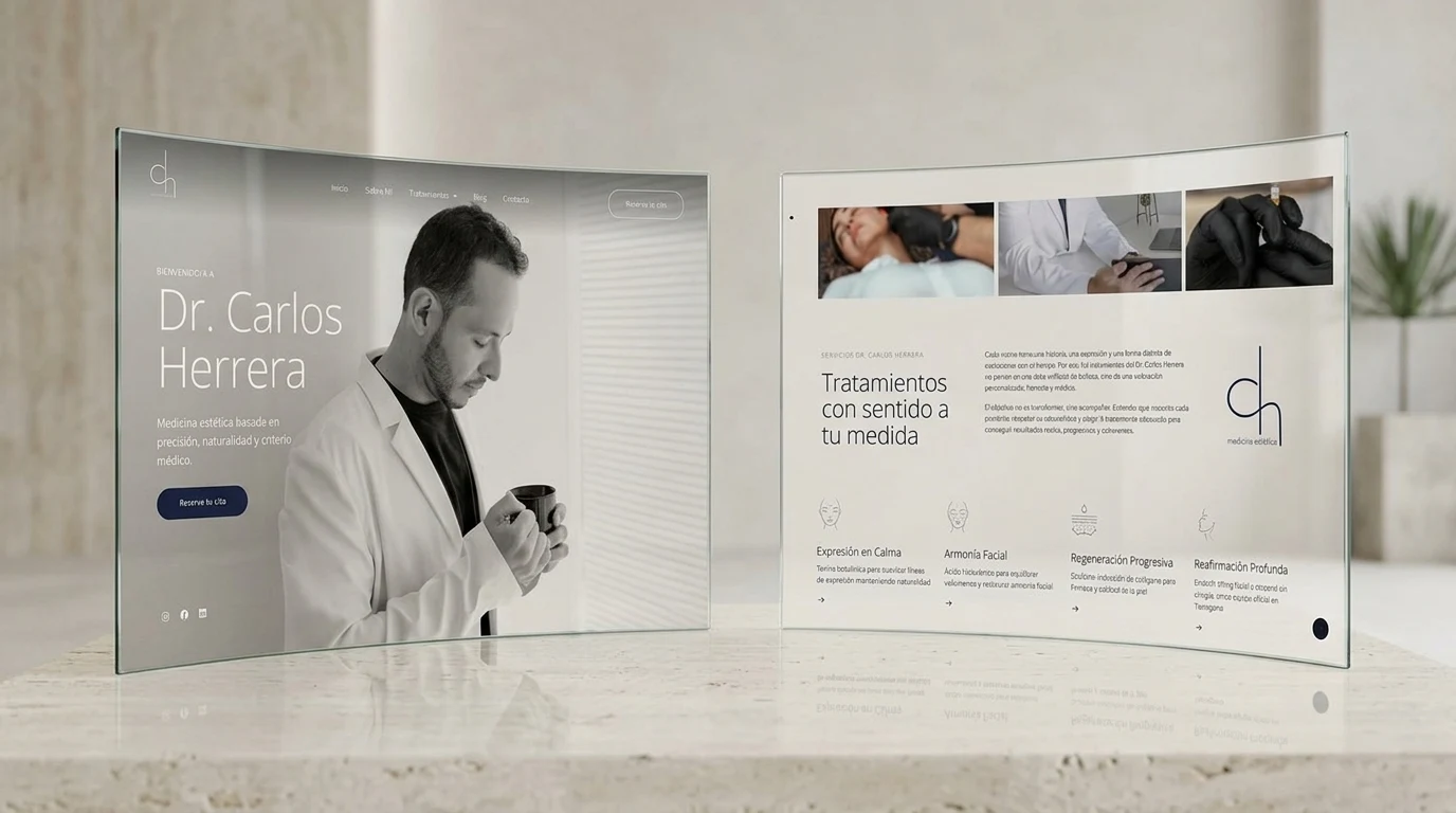 Detalle de tratamientos y armonización facial en paneles curvados de estudio