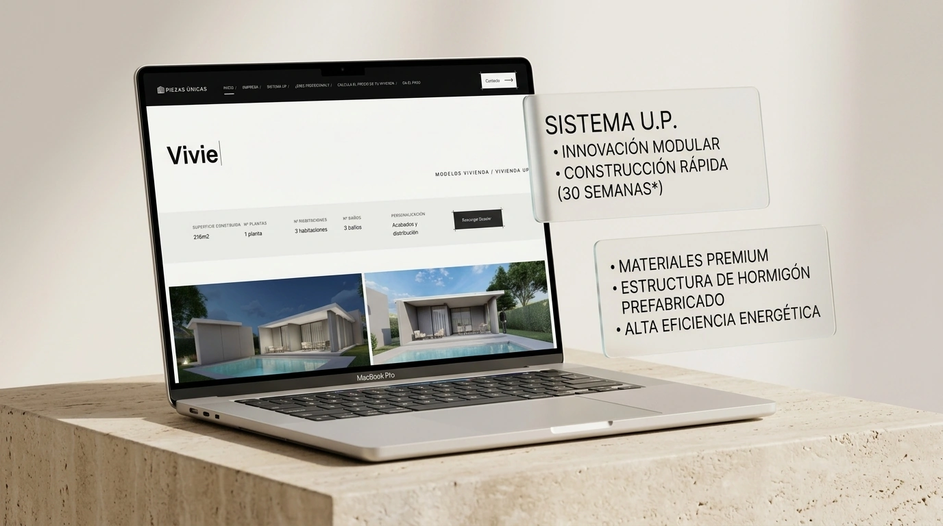 MacBook Pro Piezas Únicas en podio de piedra travertino con tarjetas de especificaciones modulares