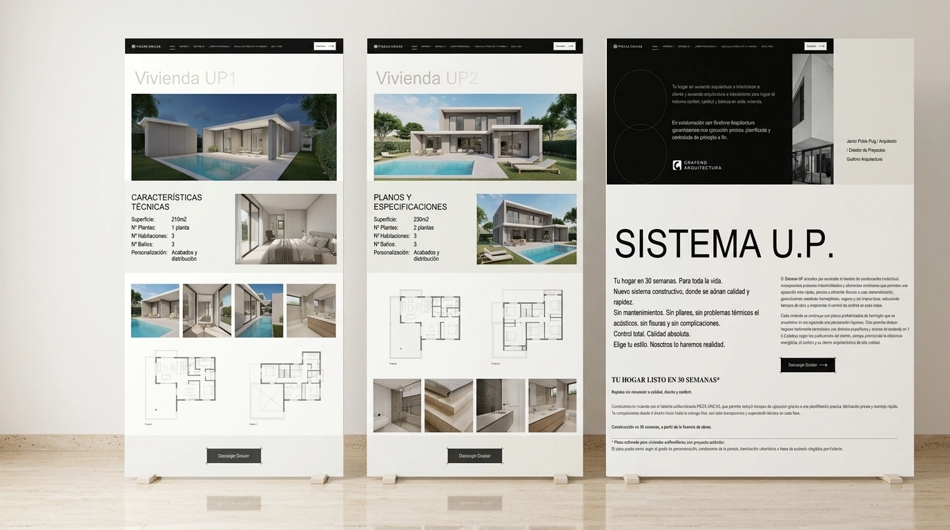 Tríptico de paneles editoriales verticales de Piezas Únicas con modelos Vivienda UP1 y UP2