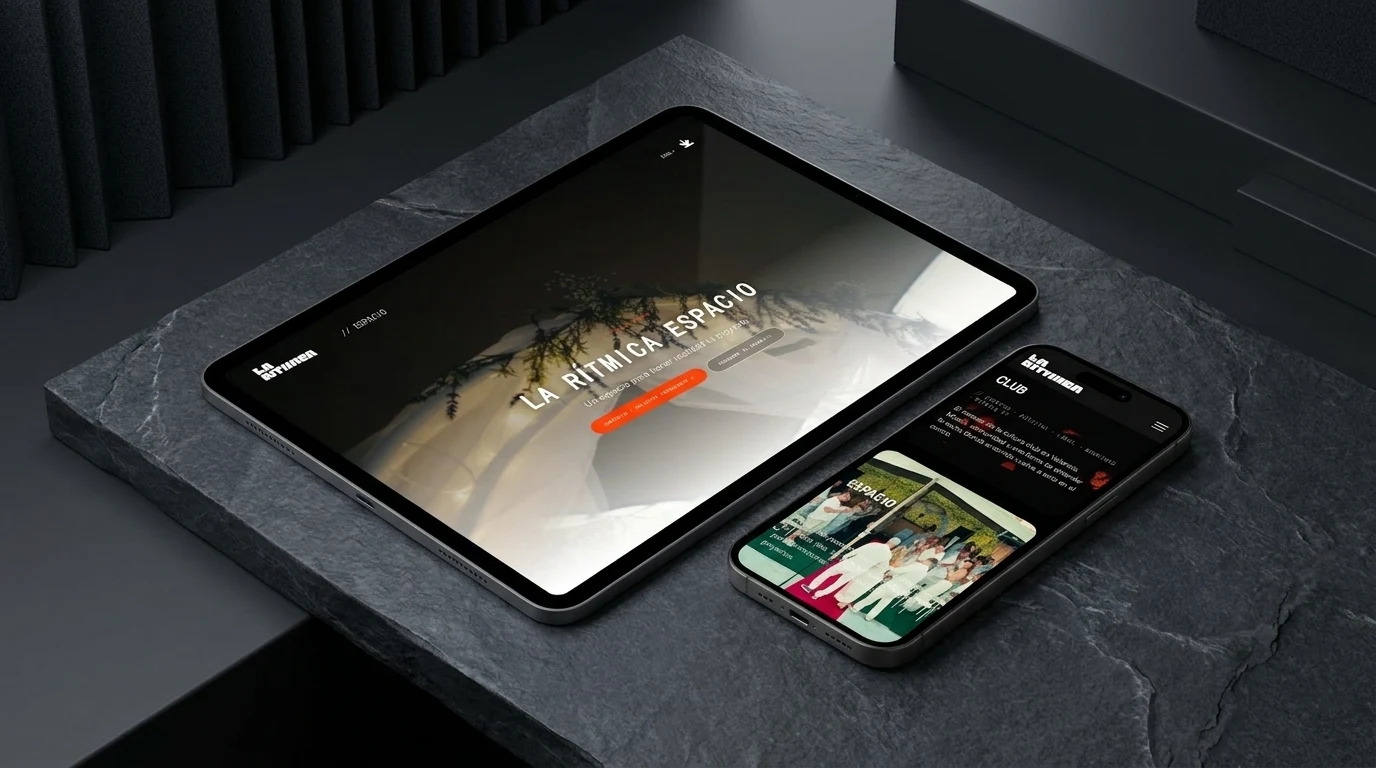 Composición multidispositivo iPad Pro y móvil para Grupo La Rítmica Espacio y Club