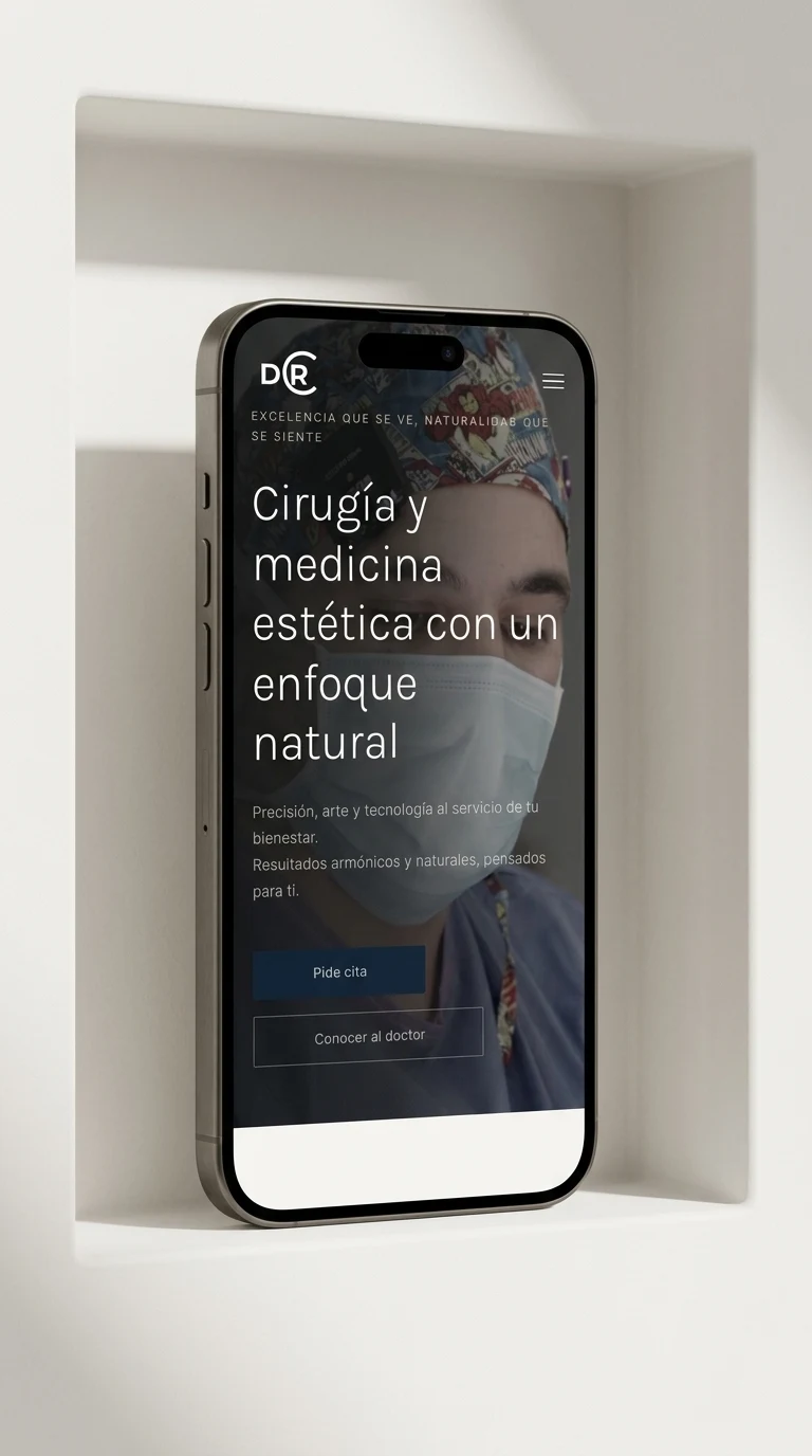 Mockup vertical iPhone 15 Pro de Dr. Caicedo en hornacina arquitectónica