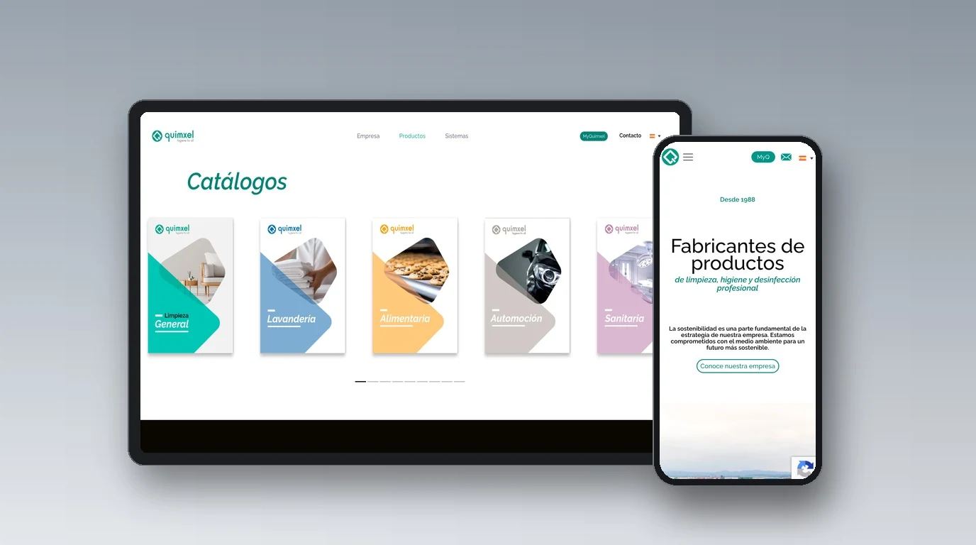 Mockup multidispositivo tablet y móvil de diseño web industrial Quimxel