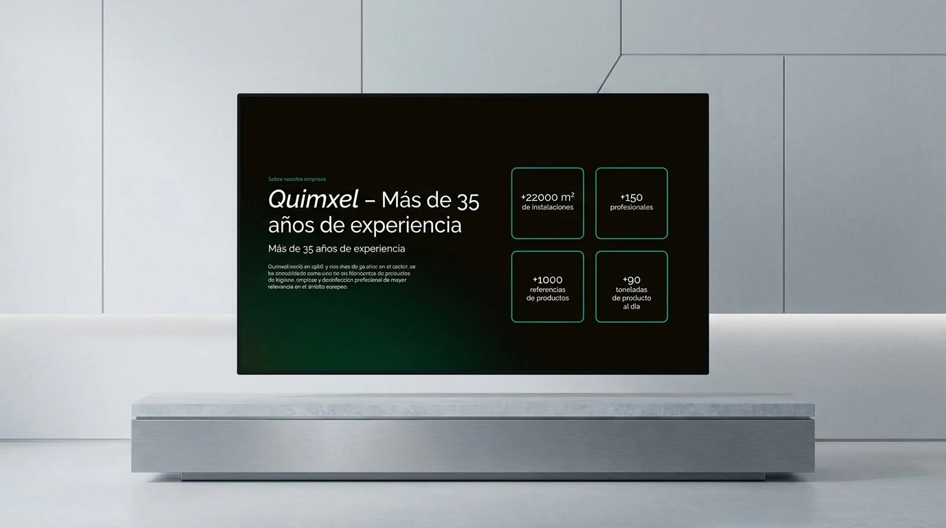 Detalle de presencia internacional y fábrica de Quimxel en panel arquitectónico de estudio