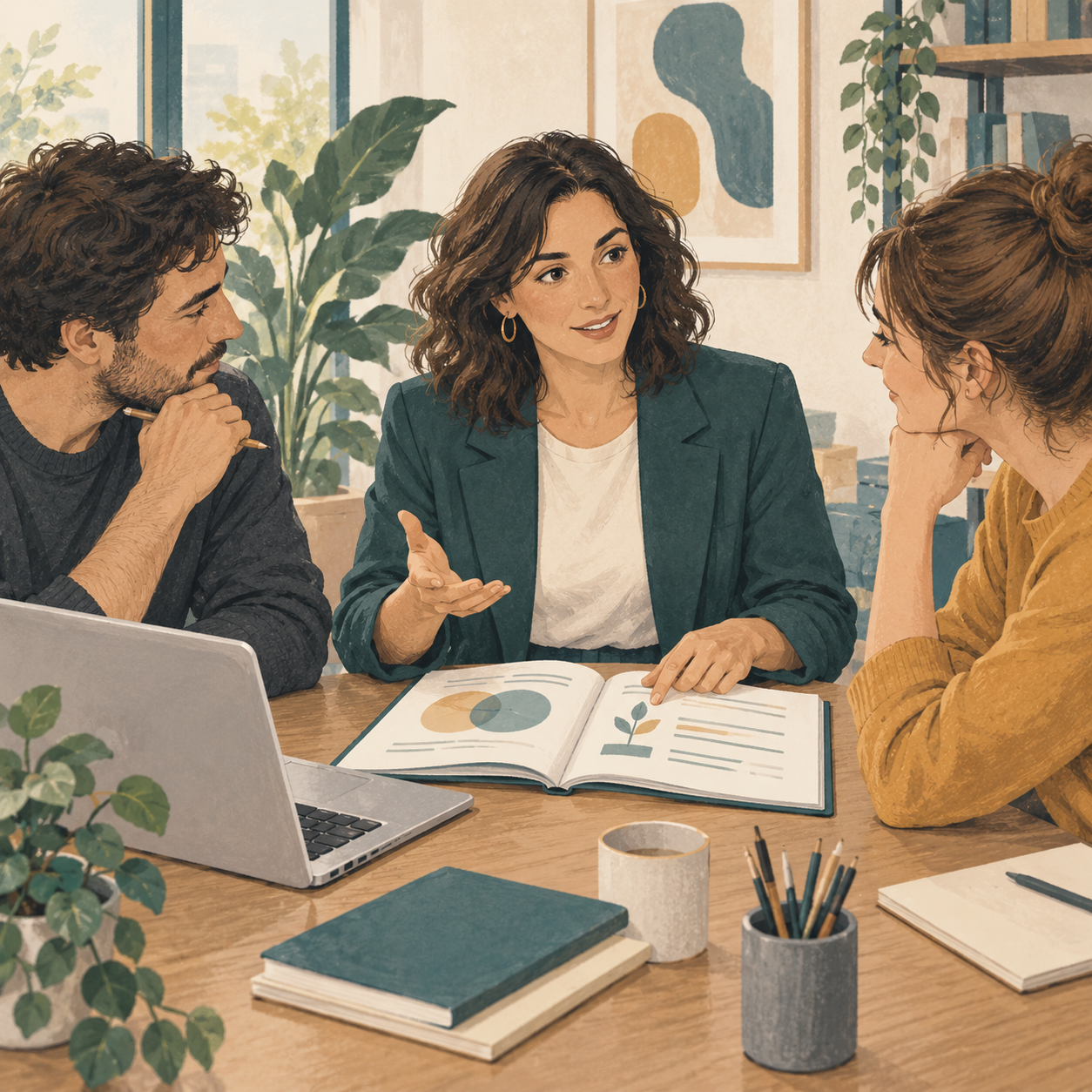 Ilustración de una consultora y dos participantes revisando material de formación en una mesa