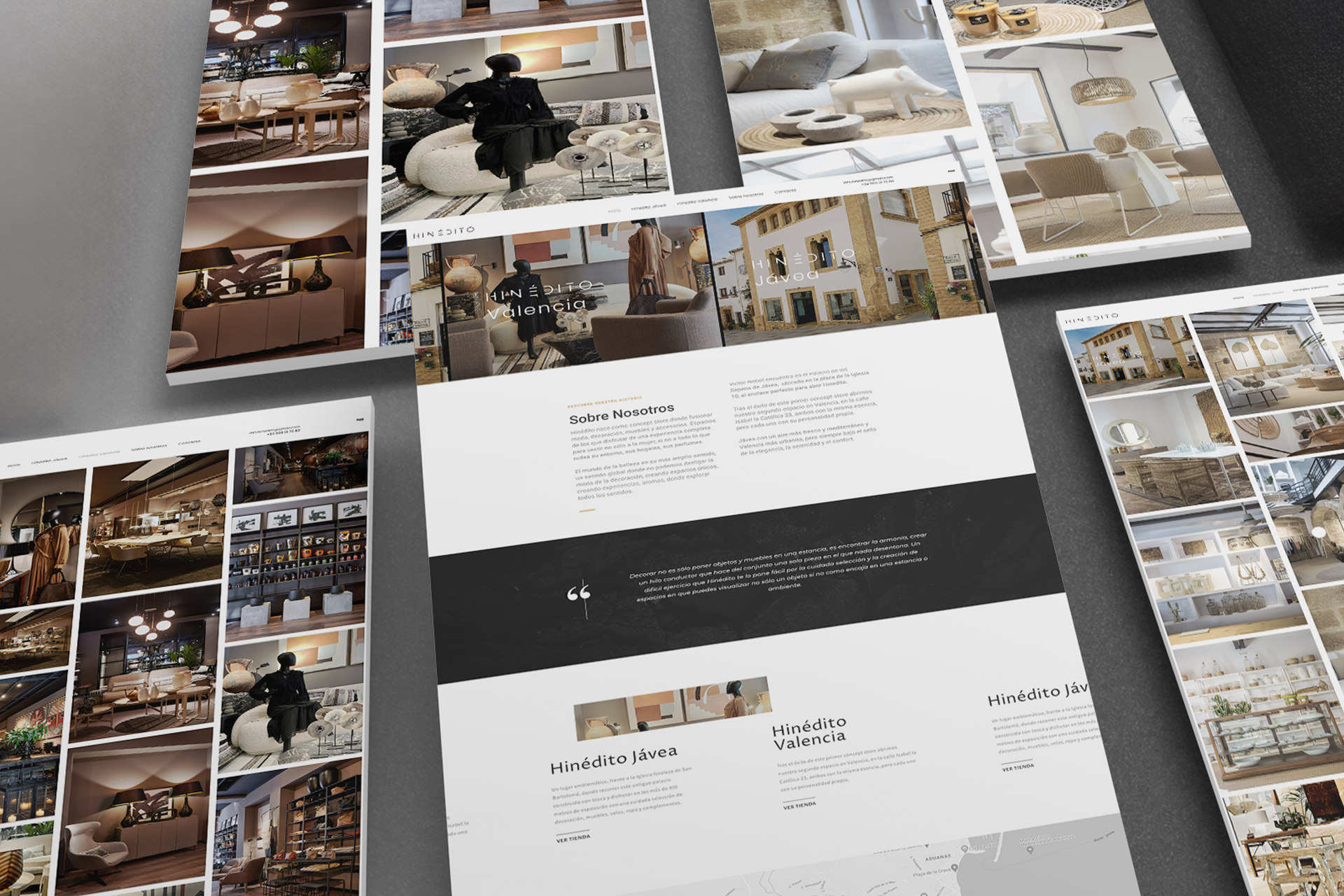 Composición de páginas del diseño web de Hinédito con espacios, decoración y productos