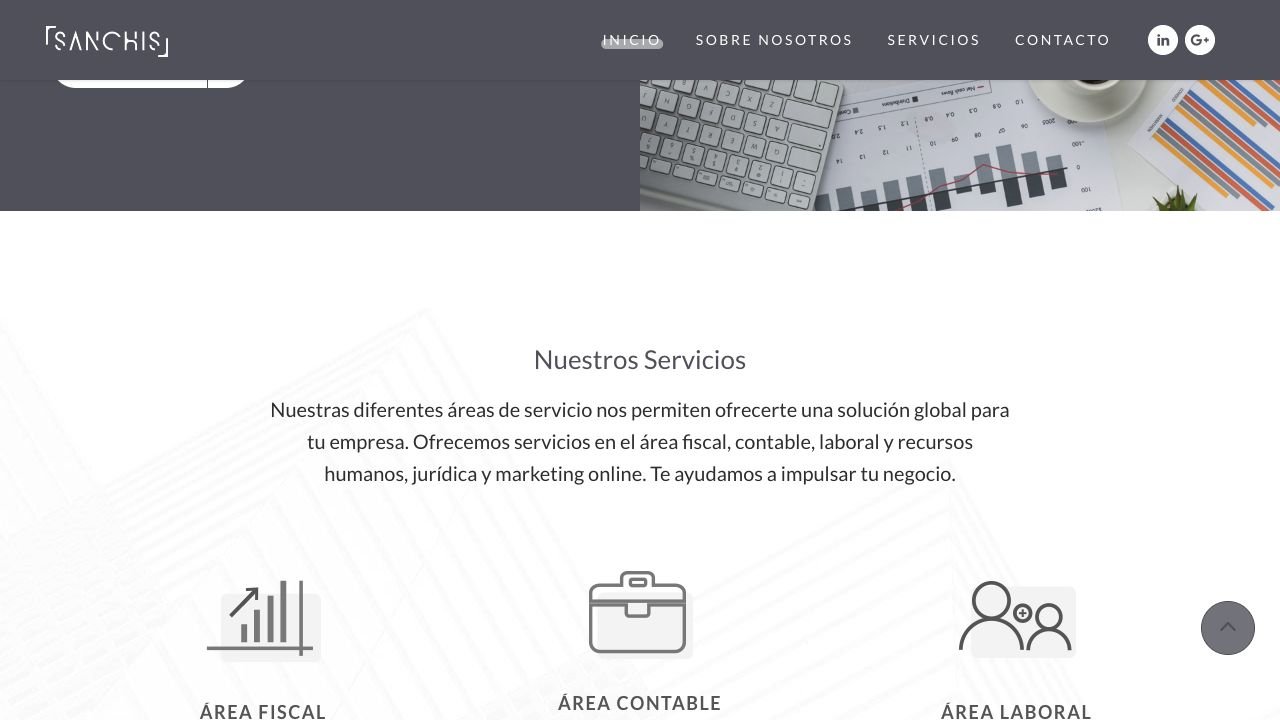 Sección Nuestros Servicios de la web de Sanchis con las áreas fiscal, contable, laboral, jurídica y marketing